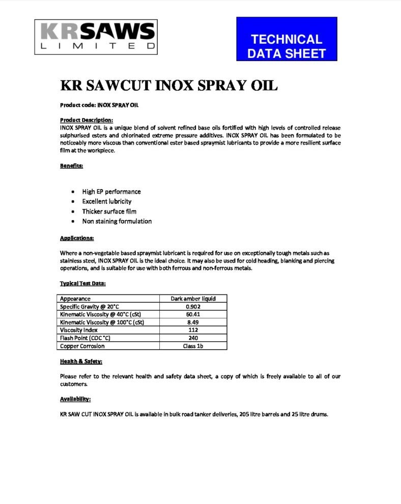 TECHNICAL DATA SHEET KR SAW CUT INOX SPRAY OIL