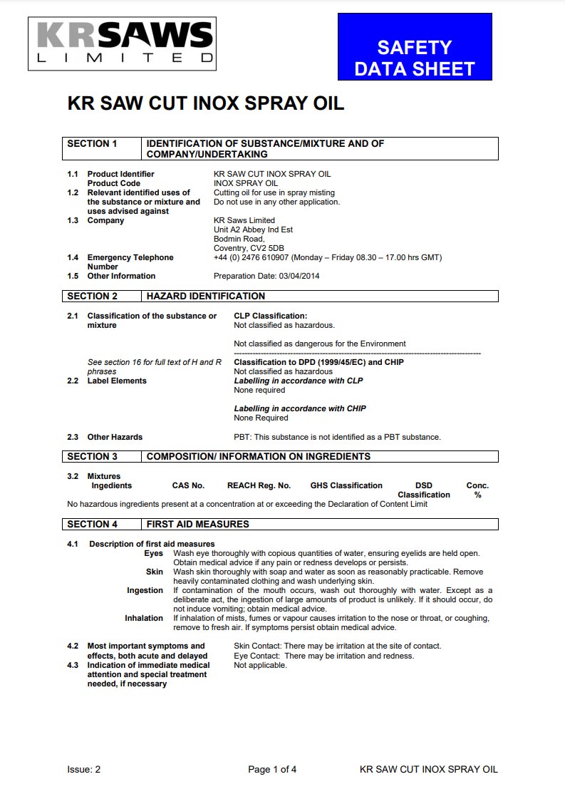 SAFETY DATA SHEET KR SAW CUT INOX SPRAY OIL