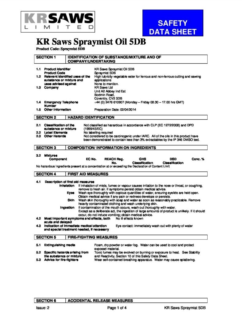 SAFETY DATA SHEET KR SAWS SPRAYMIST OIL 5DB
