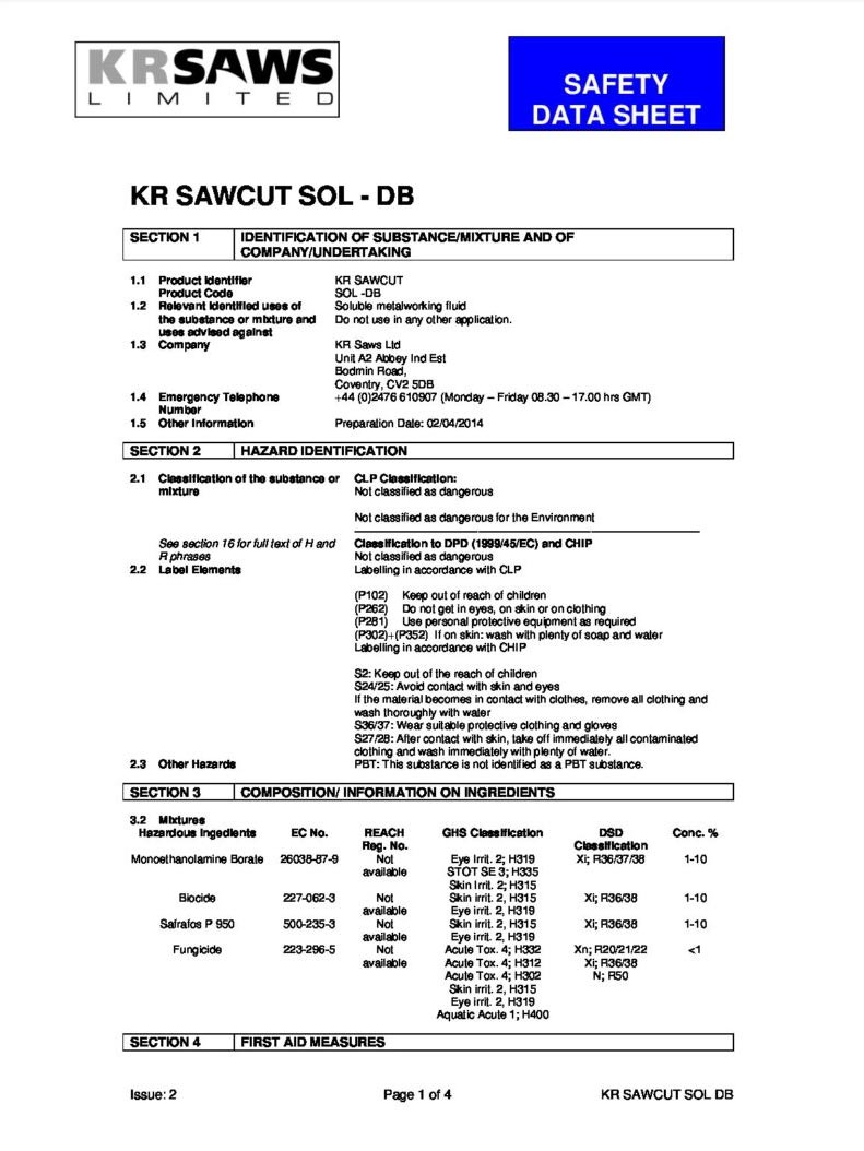 SAFETY DATA SHEET KR SAWCUT SOL-DB