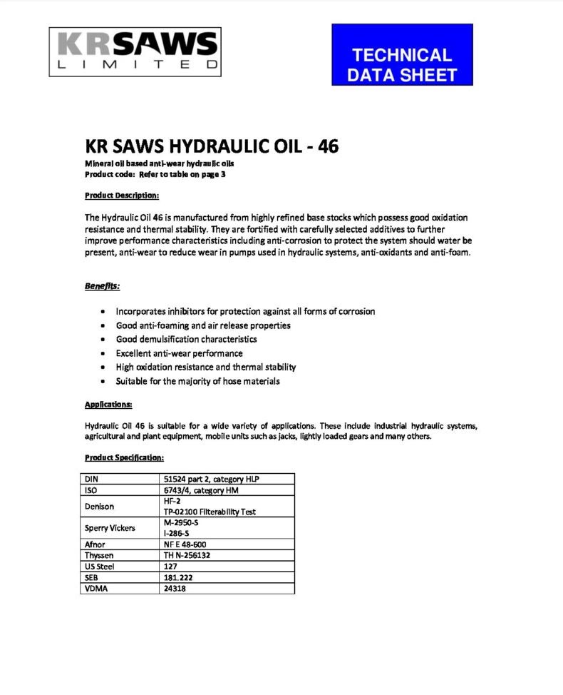 TECHNICAL DATA SHEET KR SAWS HYDRAULIC OIL 46