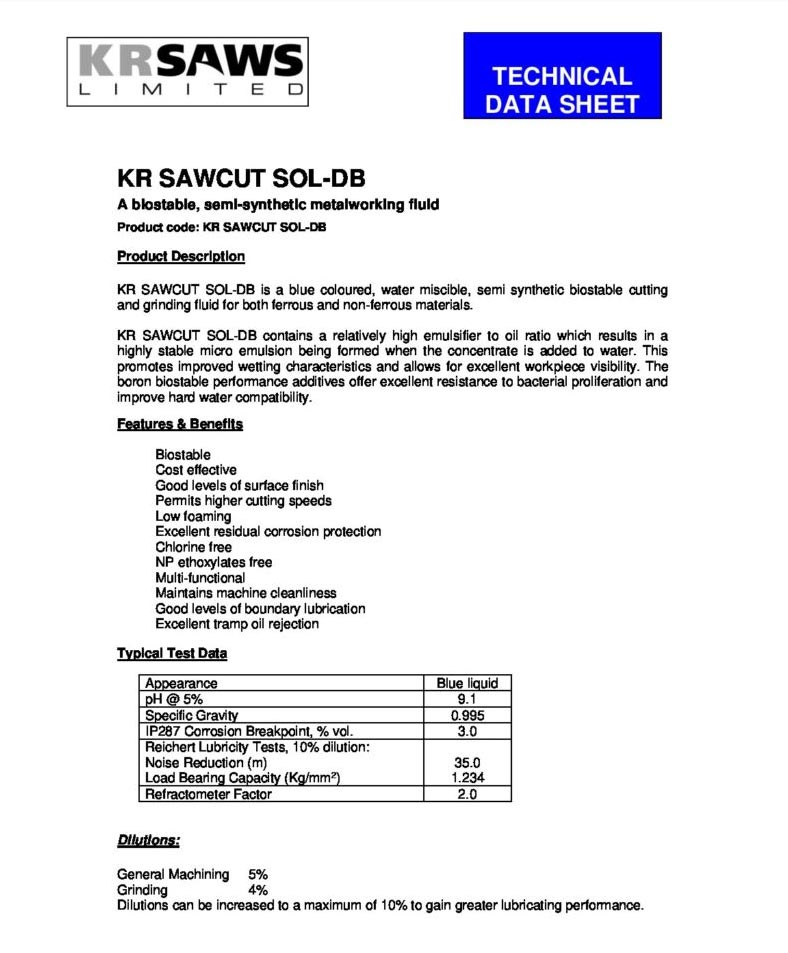 TECHNICAL DATA SHEET KR SAWCUT SOL-DB