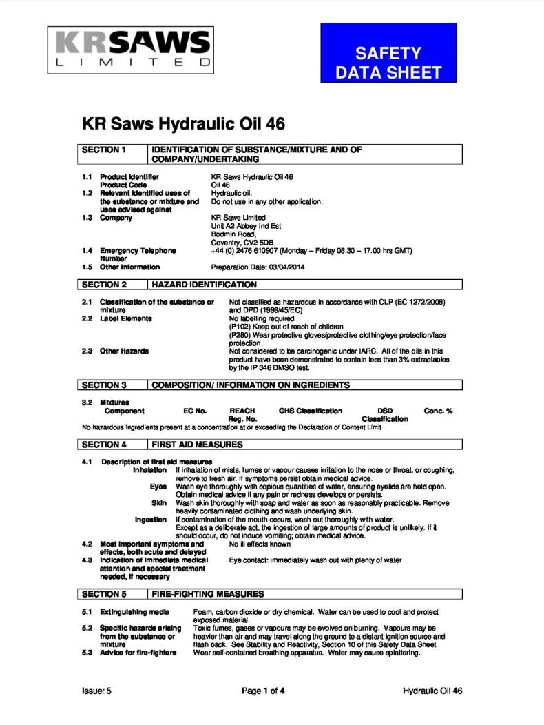 SAFETY DATA SHEET KR SAWS HYDRAULIC OIL 46